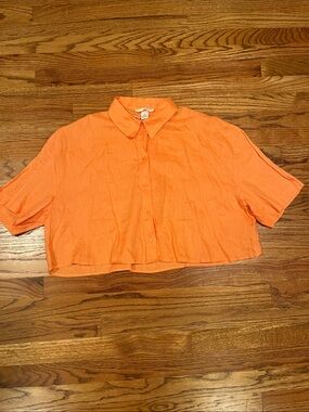 NWOT H & M LINEN BUTTON DOWN CROP SHORT SLEEVE BLOUSE SHIRT TOP MEDIUM
